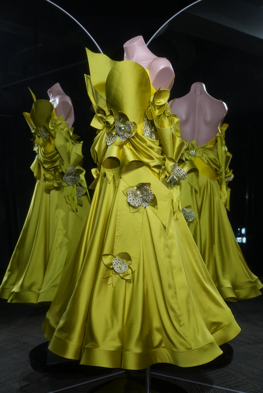 MINEJAS.L522 Sunshine Yellow Satin Ballroom Dance Dress with 3D Floral Appliqués | Strapless Standard Competition Gown