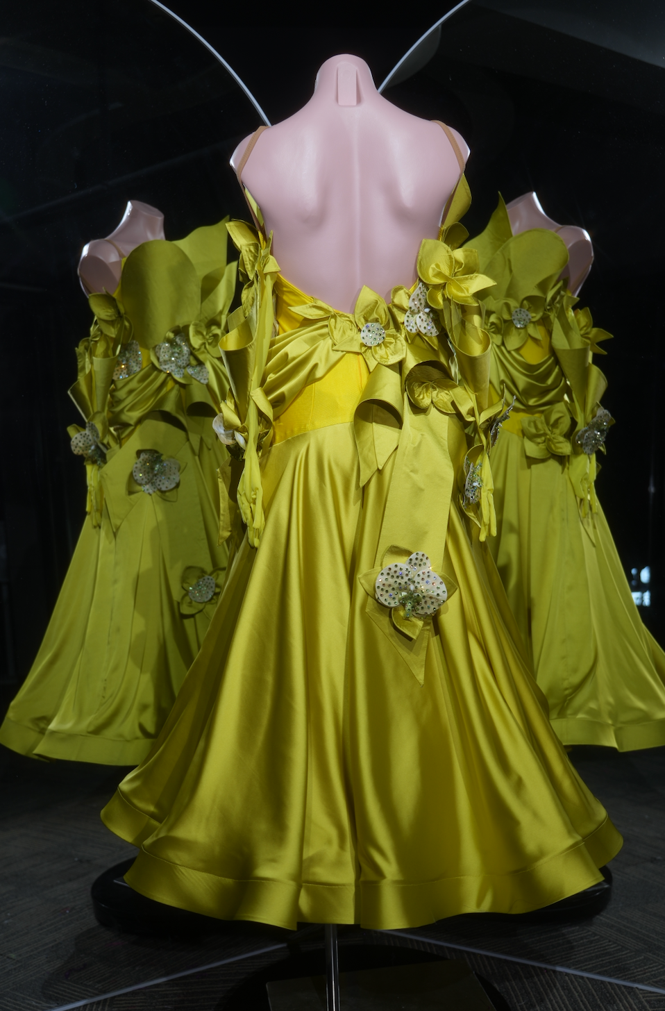 MINEJAS.L522 Sunshine Yellow Satin Ballroom Dance Dress with 3D Floral Appliqués | Strapless Standard Competition Gown