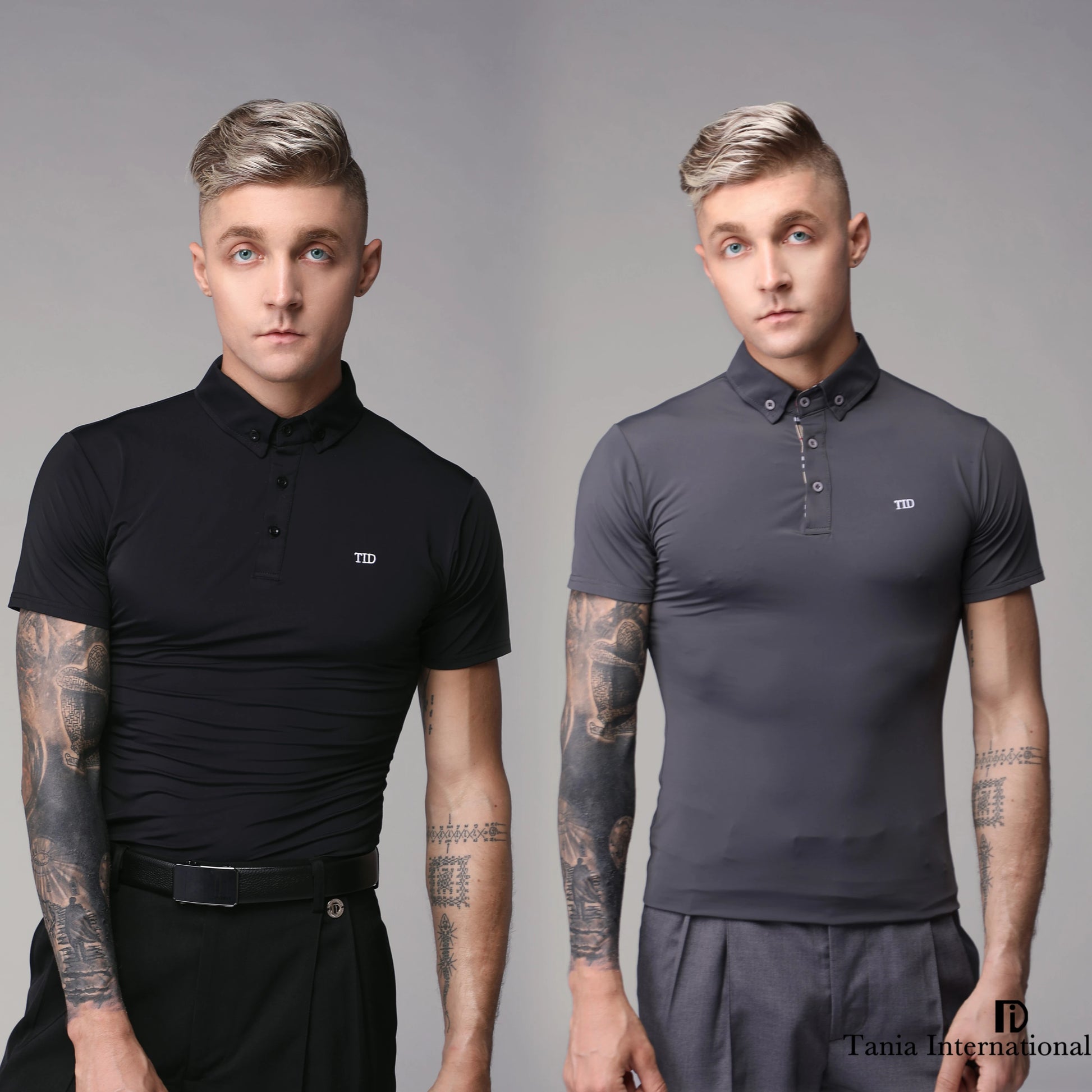 Two men wearing black and gray polo shirts with a visible brand logo on a gray background.