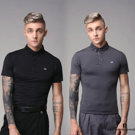 Two men wearing black and gray polo shirts with a visible brand logo on a gray background.