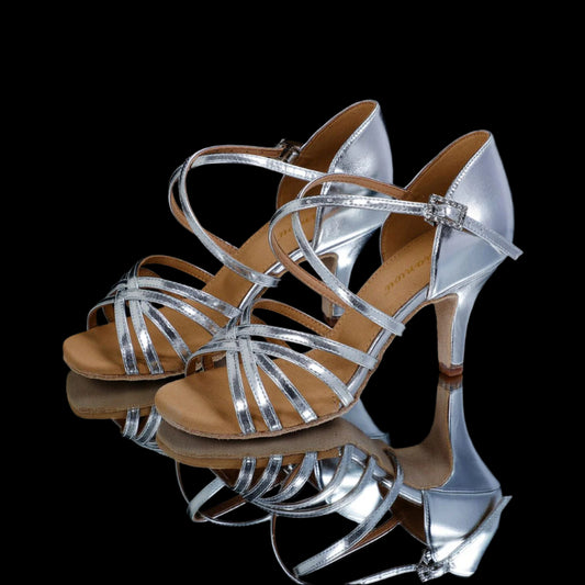 MINEJAS.L101 Women’s Silver Leather Latin Dance Shoes
