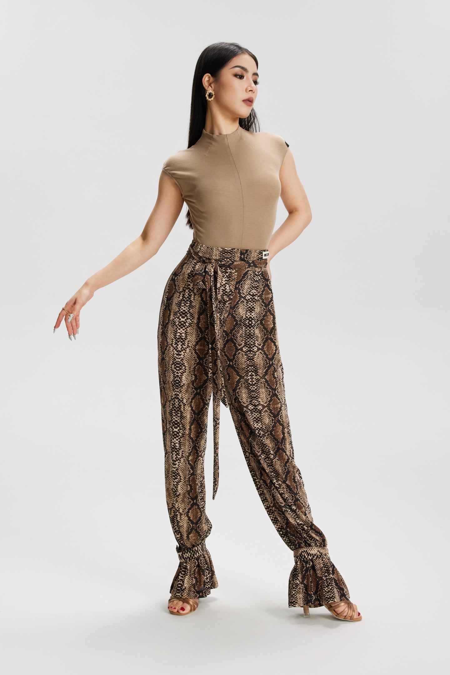 VERNA.VL2512 Women Modern Latin Dance Bloom Pants Black Snake Print Leopard Print Professional Training Competition Dance Trousers
