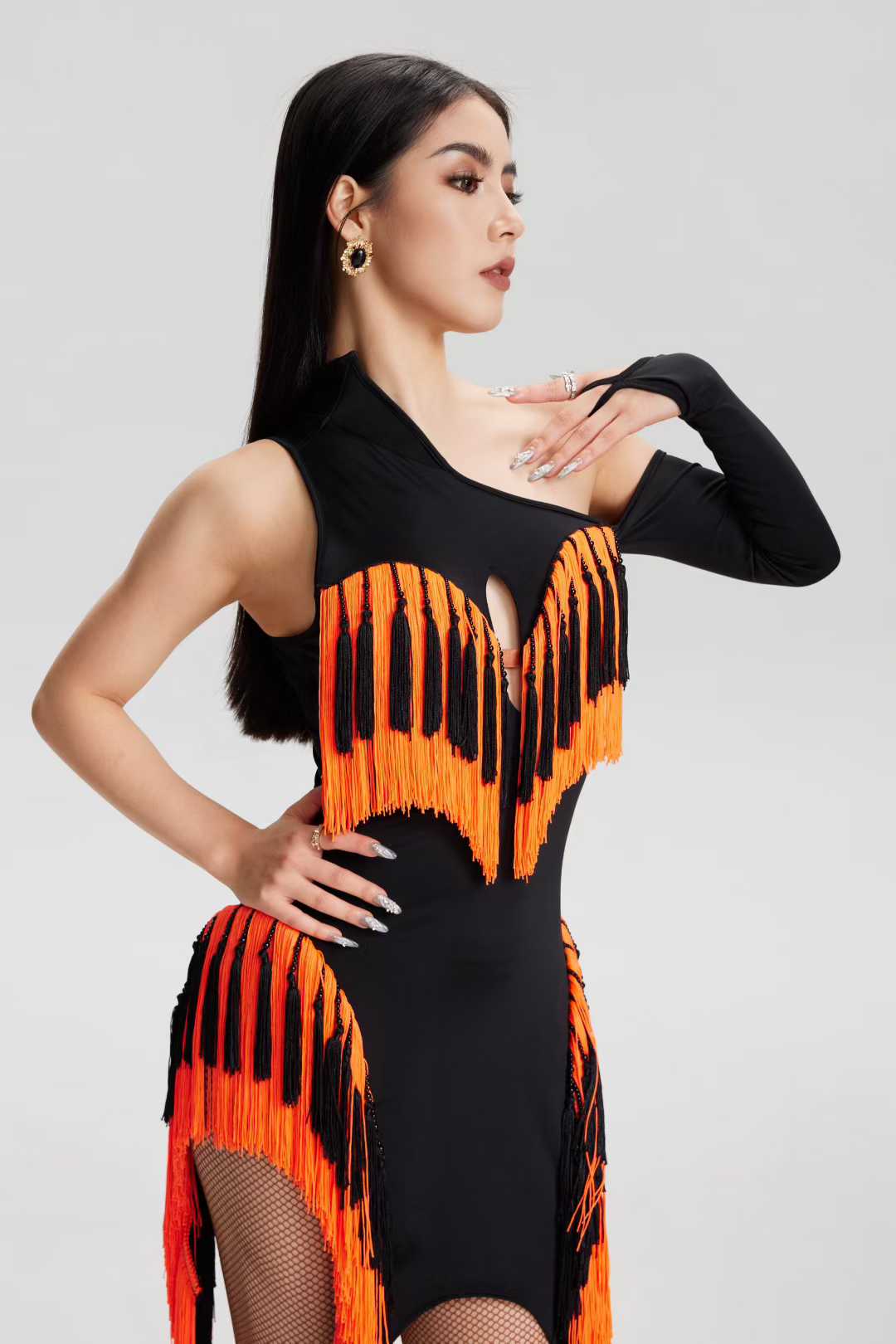 VERNA.2513 Asymmetrical Fringe Latin Dance Unitard Dress Women Neon Orange Black