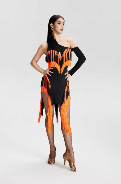 VERNA.2513 Asymmetrical Fringe Latin Dance Unitard Dress Women Neon Orange Black
