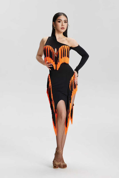 VERNA.2513 Asymmetrical Fringe Latin Dance Unitard Dress Women Neon Orange Black