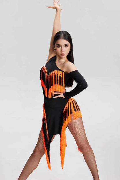 VERNA.2513 Asymmetrical Fringe Latin Dance Unitard Dress Women Neon Orange Black