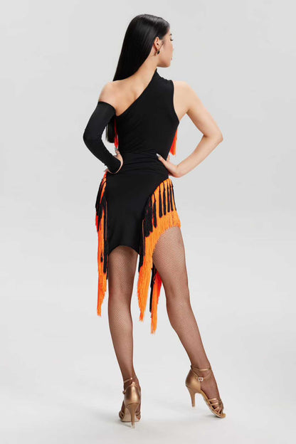 VERNA.2513 Asymmetrical Fringe Latin Dance Unitard Dress Women Neon Orange Black