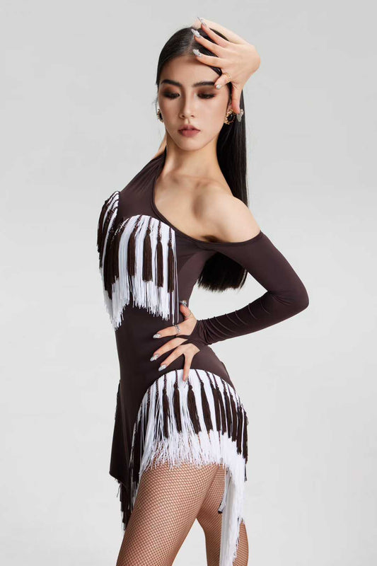 VERNA.2513 Asymmetrical Fringe Latin Dance Unitard Dress Women Dark Taupe & White