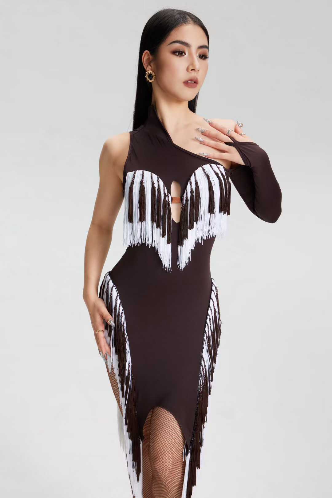 VERNA.2513 Asymmetrical Fringe Latin Dance Unitard Dress Women Dark Taupe & White