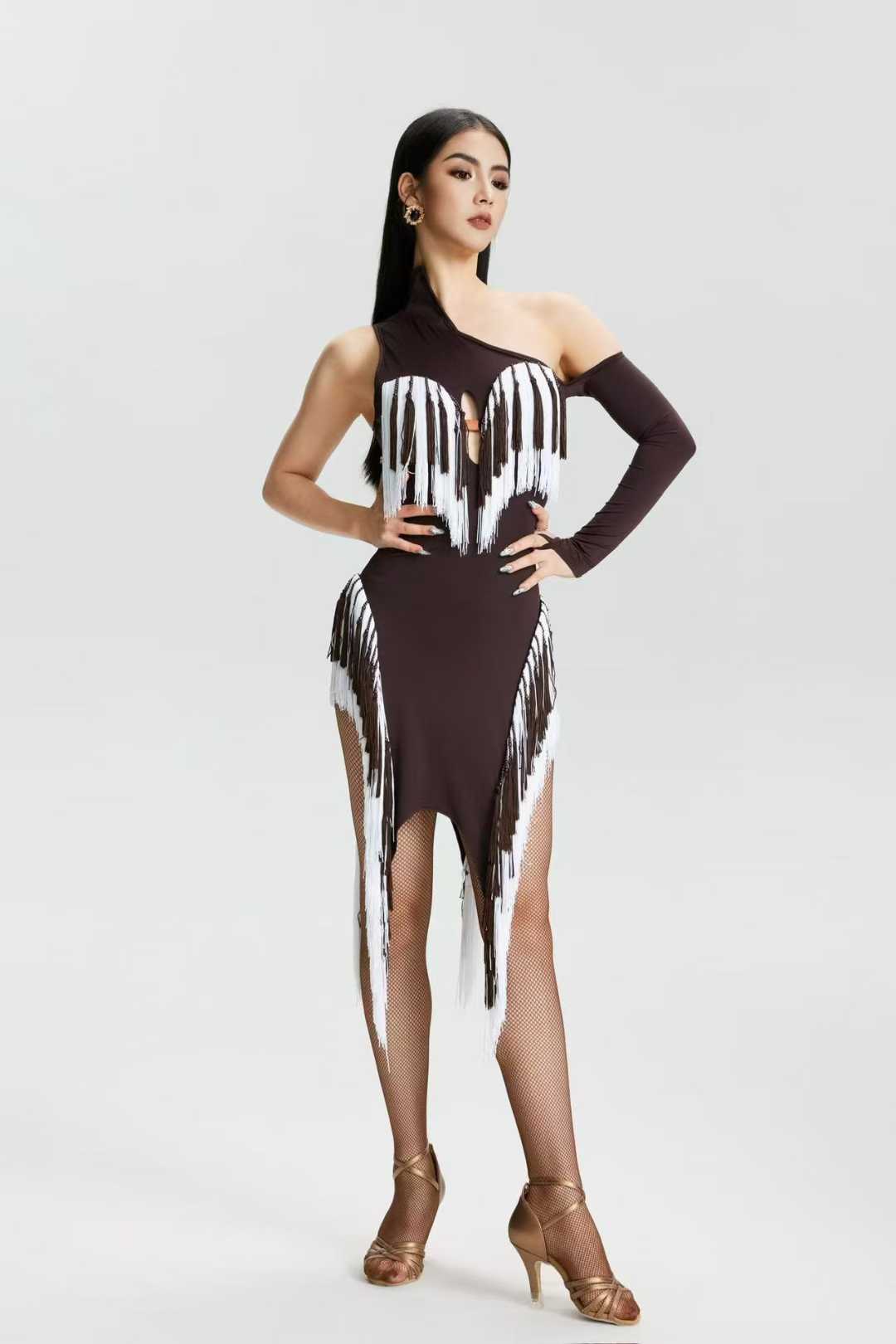 VERNA.2513 Asymmetrical Fringe Latin Dance Unitard Dress Women Dark Taupe & White