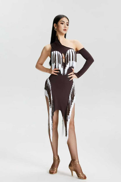 VERNA.2513 Asymmetrical Fringe Latin Dance Unitard Dress Women Dark Taupe & White