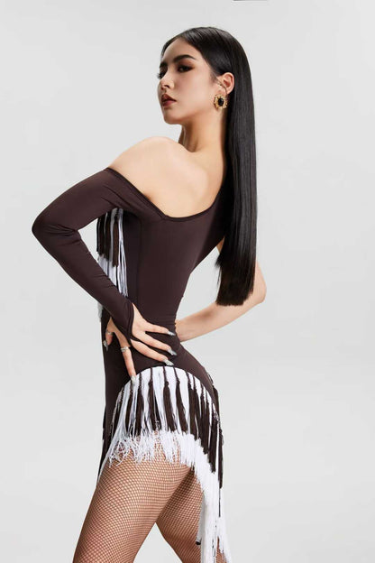 VERNA.2513 Asymmetrical Fringe Latin Dance Unitard Dress Women Dark Taupe & White