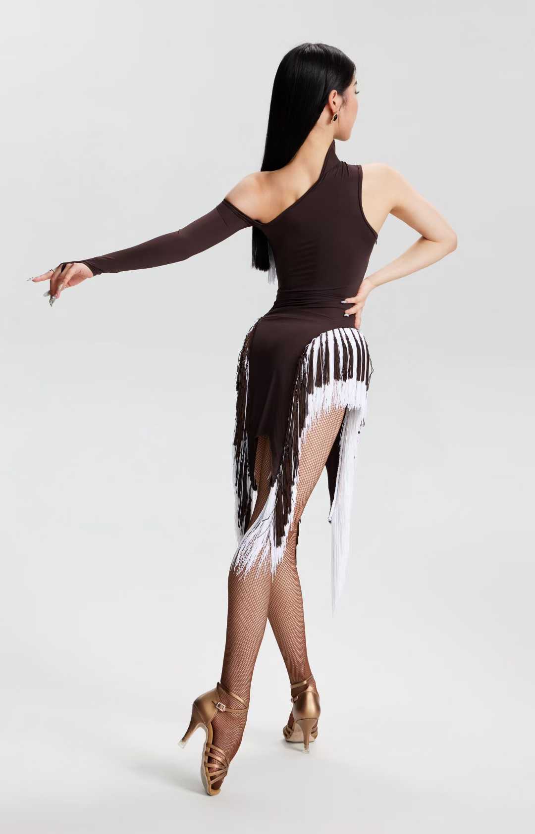 VERNA.2513 Asymmetrical Fringe Latin Dance Unitard Dress Women Dark Taupe & White