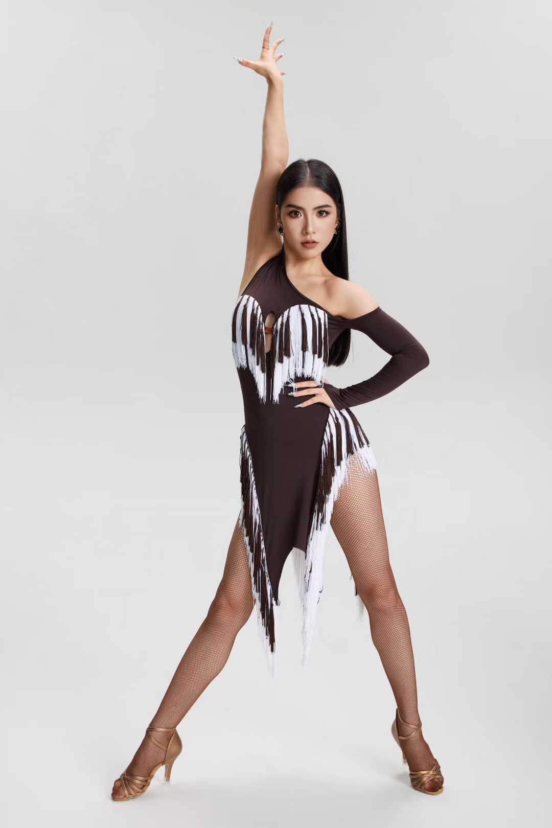 VERNA.2513 Asymmetrical Fringe Latin Dance Unitard Dress Women Dark Taupe & White