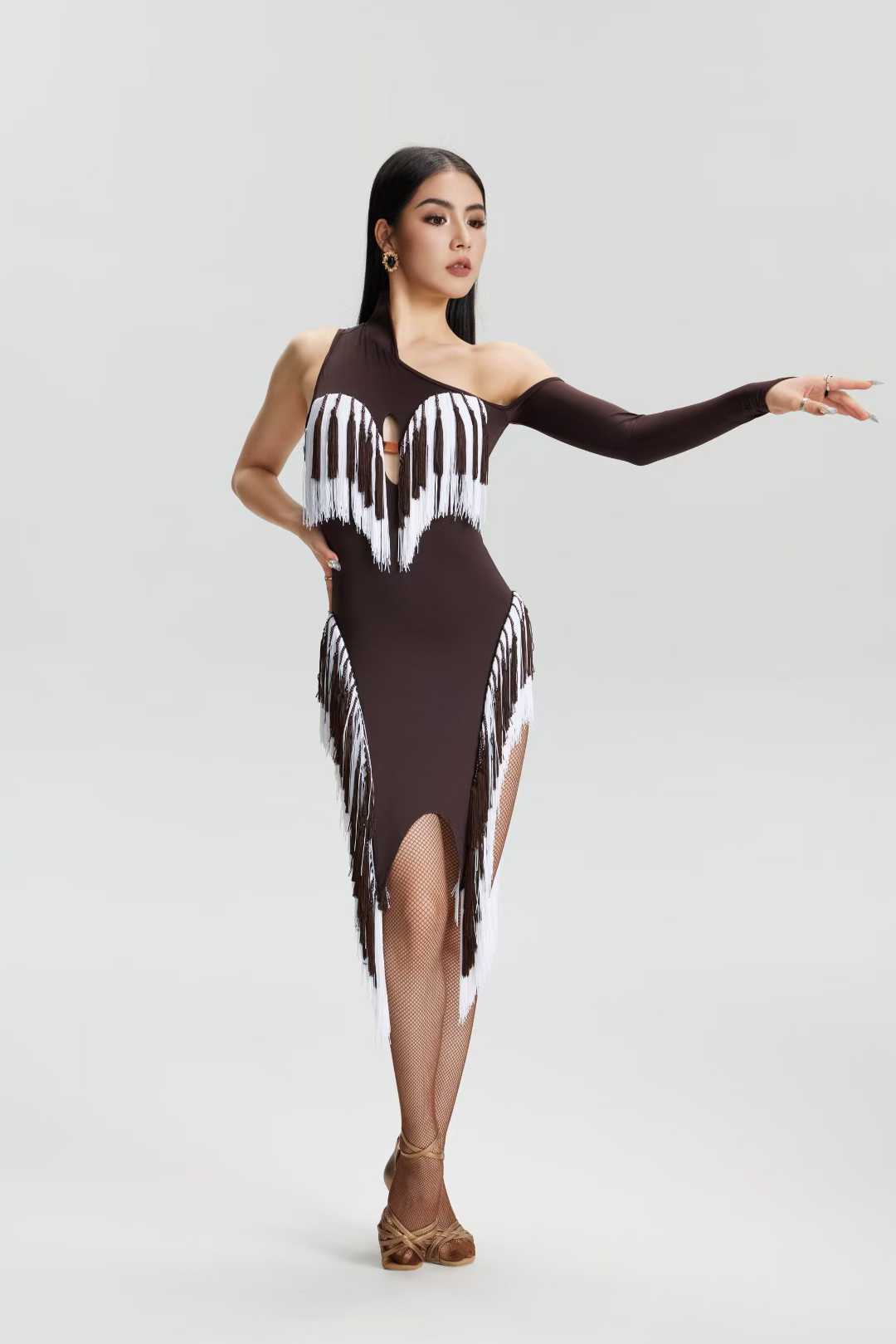 VERNA.2513 Asymmetrical Fringe Latin Dance Unitard Dress Women Dark Taupe & White