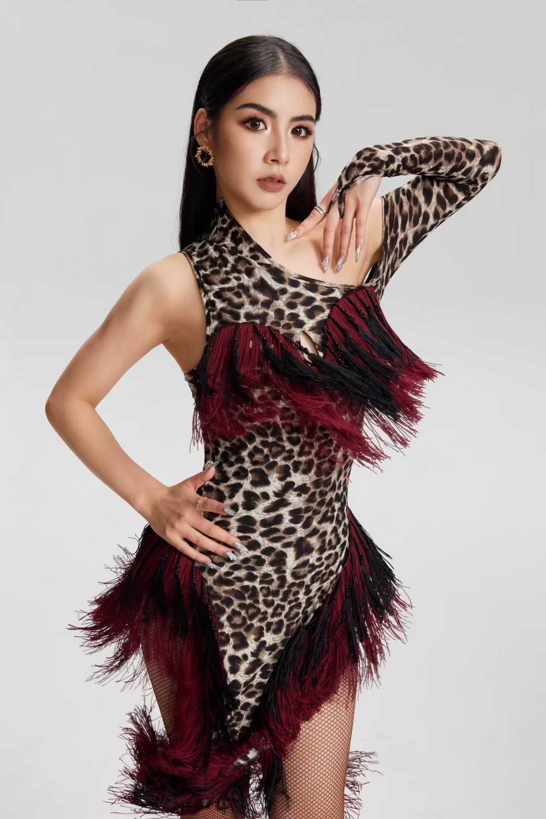 VERNA.2513 Asymmetrical Fringe Latin Dance Unitard Dress Women Grey Leopard & Burgundy