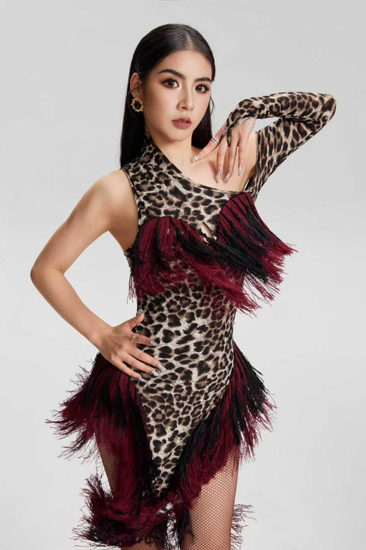 VERNA.2513 Asymmetrical Fringe Latin Dance Unitard Dress Women Grey Leopard & Burgundy