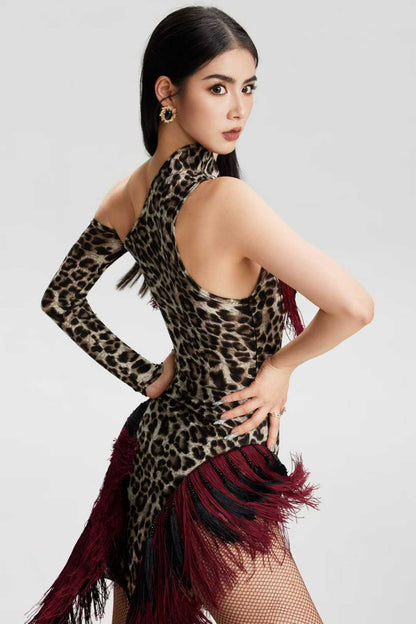 VERNA.2513 Asymmetrical Fringe Latin Dance Unitard Dress Women Grey Leopard & Burgundy