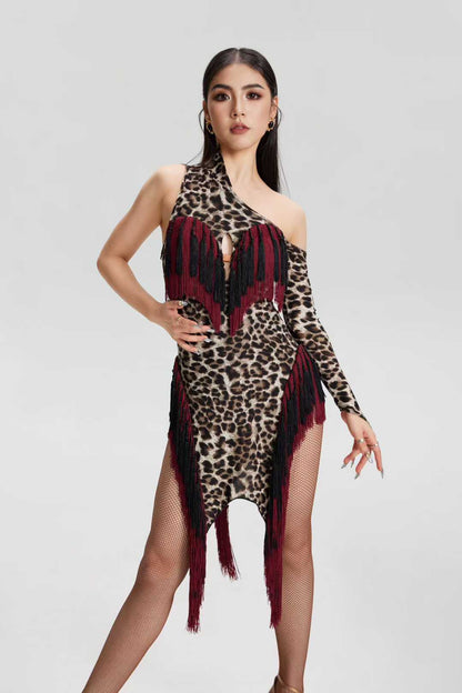 VERNA.2513 Asymmetrical Fringe Latin Dance Unitard Dress Women Grey Leopard & Burgundy