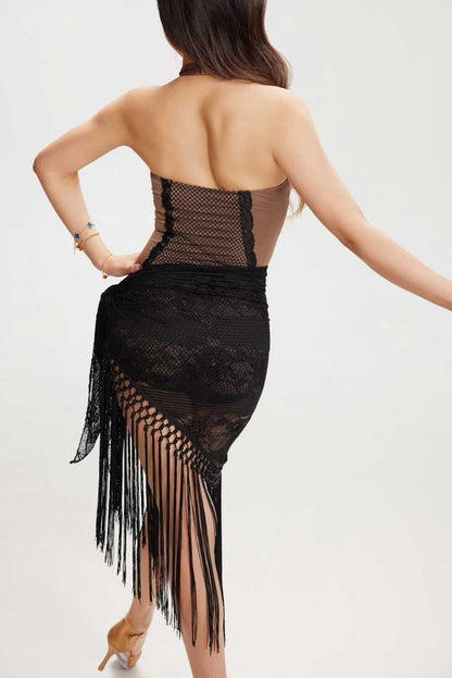 VERNA.VL2614 Women Halter Neck Nude & Black Lace Latin Dance Top