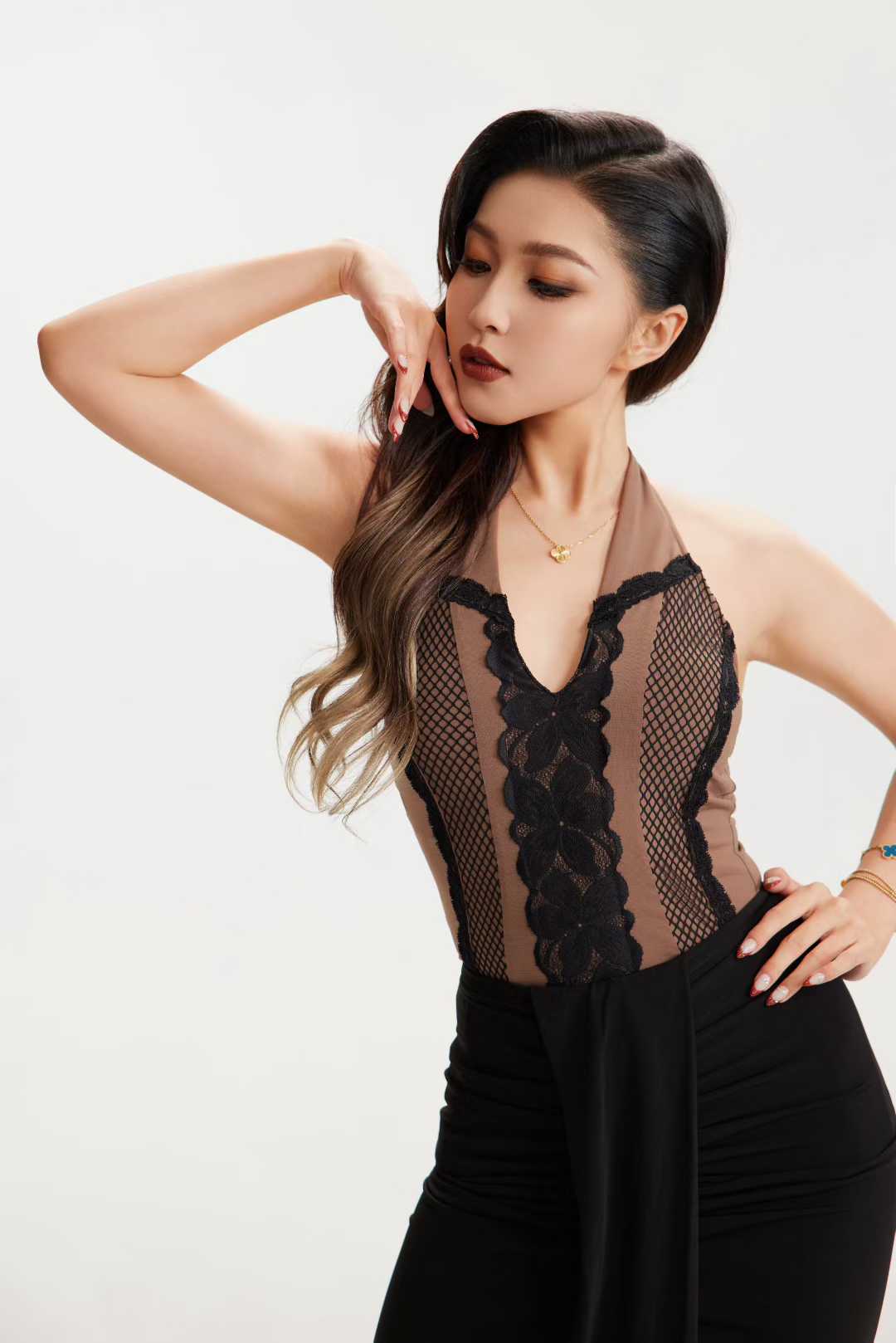 VERNA.VL2614 Women Halter Neck Nude & Black Lace Latin Dance Top