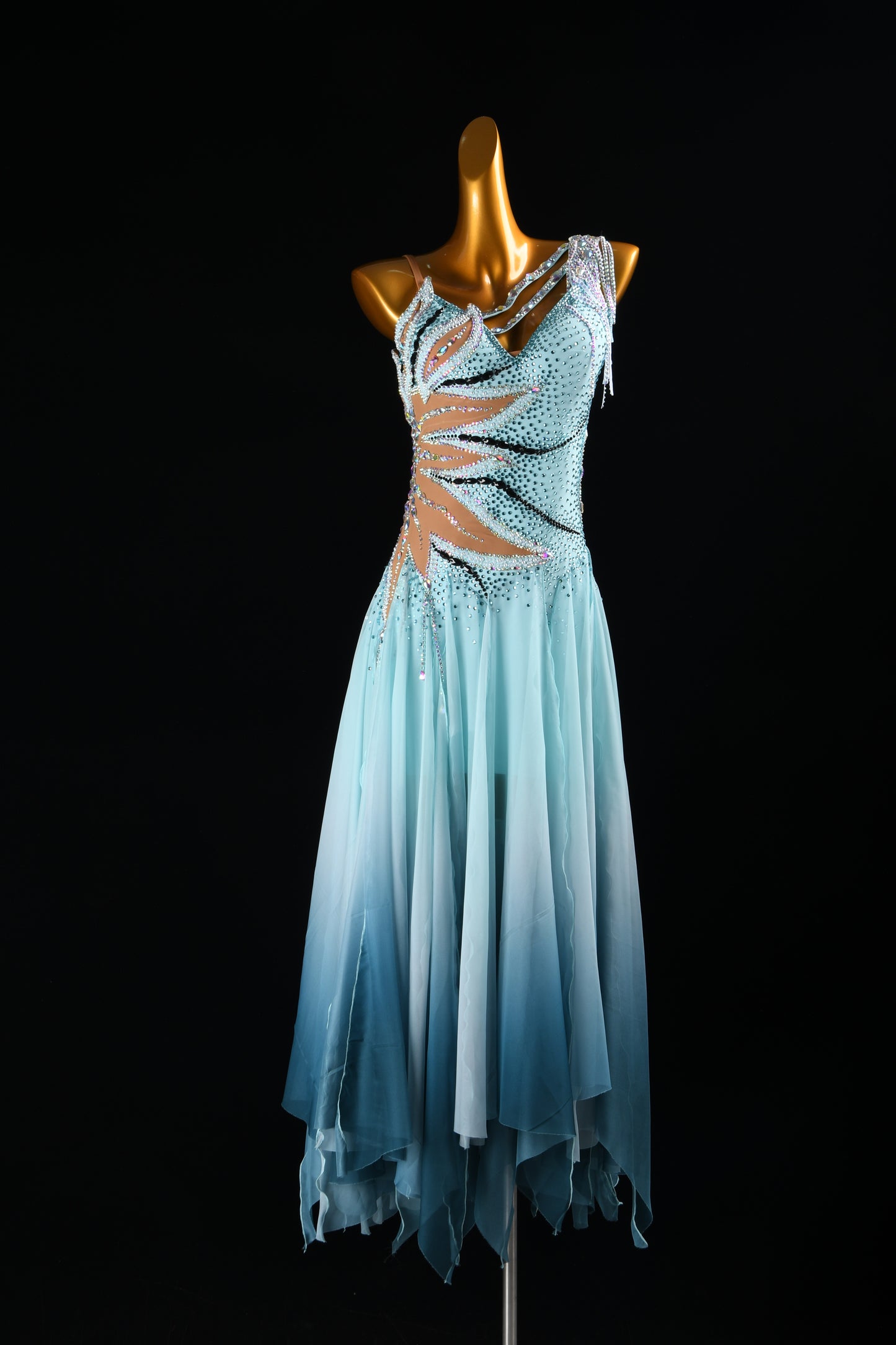 MINEJAS.2626 American Ballroom Competition Dress | Peacock Blue Ombre & Dramatic Asymmetrical Skirt