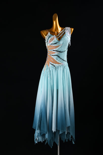 MINEJAS.2626 American Ballroom Competition Dress | Peacock Blue Ombre & Dramatic Asymmetrical Skirt