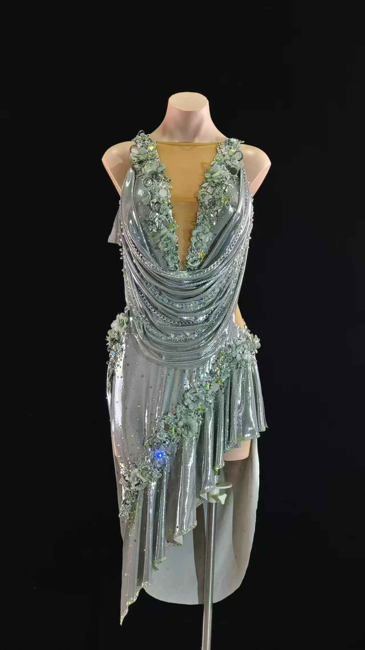 MINEJAS.L061 Silver Floral Latin Salsa Competition Dance Dress