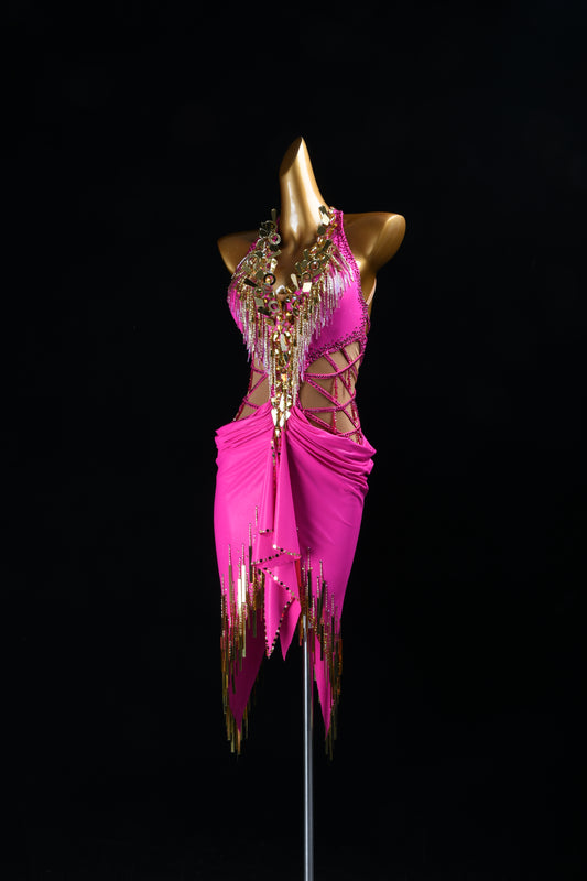 MINEJAS.F1826 Bright Pink & Gold Mid-Length Latin Competition Dress