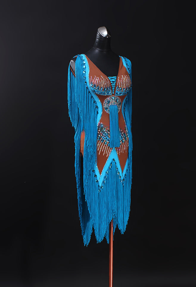 MINEJAS.PLB002 Latin dance skirt, blue new tassel performance competition suit, high-end flower clothing, customized.