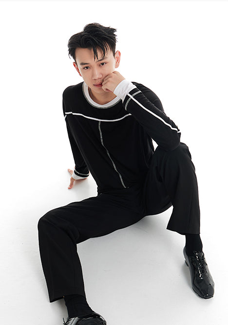 DUYQ "Black and White" Men's 006T word long-sleeved top Adult national standard Latin dance practice performance suit advanced