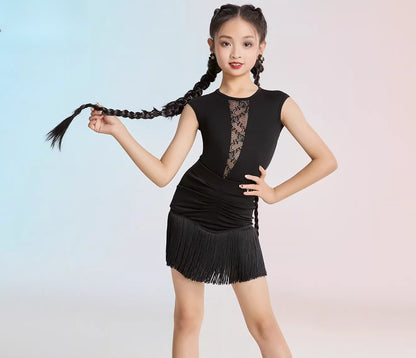 MLX children's Latin dance costume, fringed skirt, girls' dance one-piece top, practice performance costume