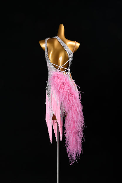 MINEJAS.F826 Pink Feather Fringe Dynamic Latin Dance Dress