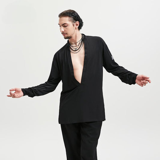 BOBO Boys Latin Dance Suit Men's Deep V-Neck Black National Standard Top Long Sleeve Dance Suit Practice Adult Exercise Practice