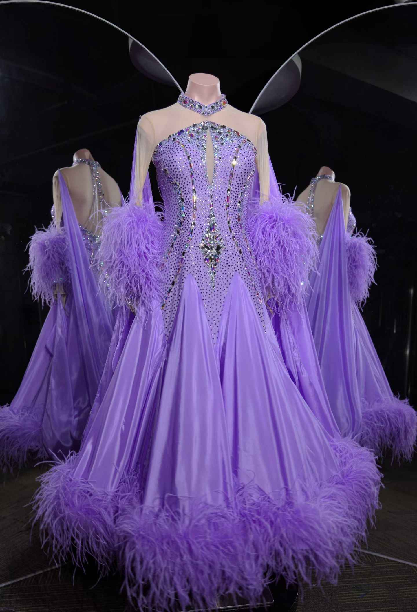 PEI.B010 Gorgeous Lavender Ballroom Dance Dress with AB Rhinestones & Feather