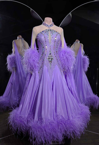PEI.B010 Gorgeous Lavender Ballroom Dance Dress with AB Rhinestones & Feather