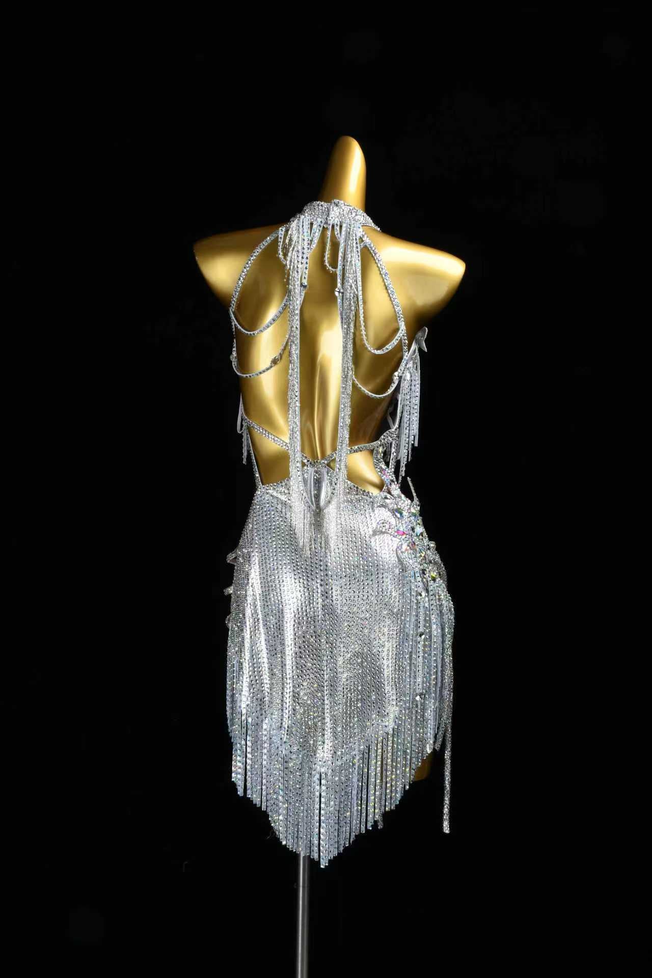Silver Rhinestone Fringe Latin Dance Dress | Custom Halter Neck Samba Competition Costume for Women - Mine·Jas
