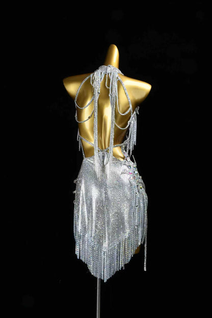 Silver Rhinestone Fringe Latin Dance Dress | Custom Halter Neck Samba Competition Costume for Women - Mine·Jas