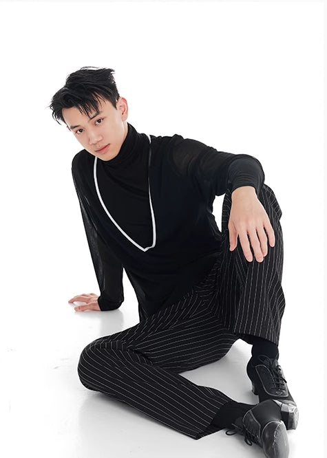 DUYQ "Black and White" Men's 011 Deep V Long Sleeve Top Adult National Standard Latin Dance Practice Performance Clothing Professional