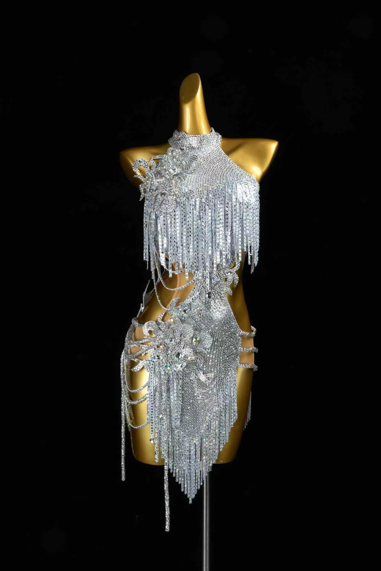 Silver Rhinestone Fringe Latin Dance Dress | Custom Halter Neck Samba Competition Costume for Women - Mine·Jas