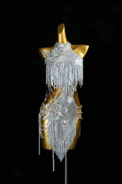 Silver Rhinestone Fringe Latin Dance Dress | Custom Halter Neck Samba Competition Costume for Women - Mine·Jas
