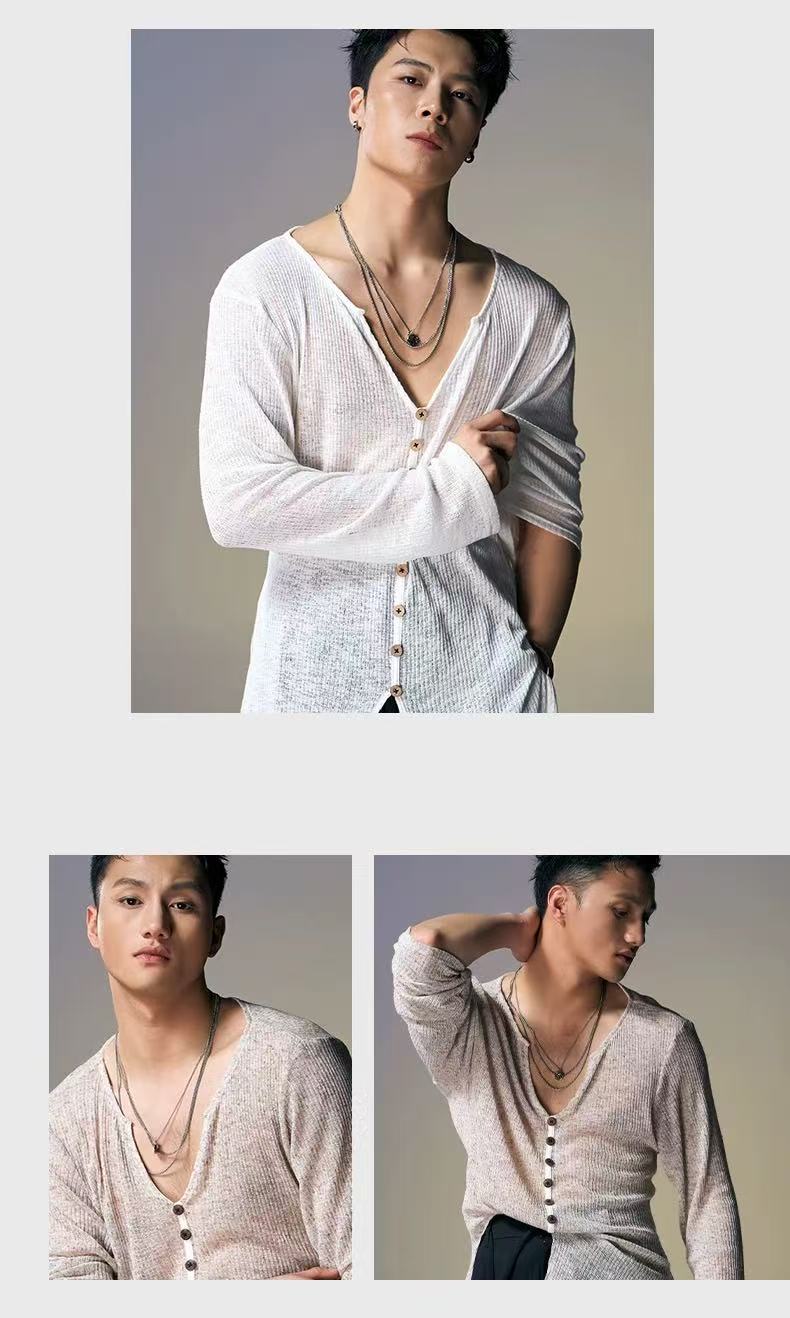 DUYQ.New Men-020 V-neck Long-sleeve Color-block Striped Top - Professional Men's Standard Latin Dance Practice Wear