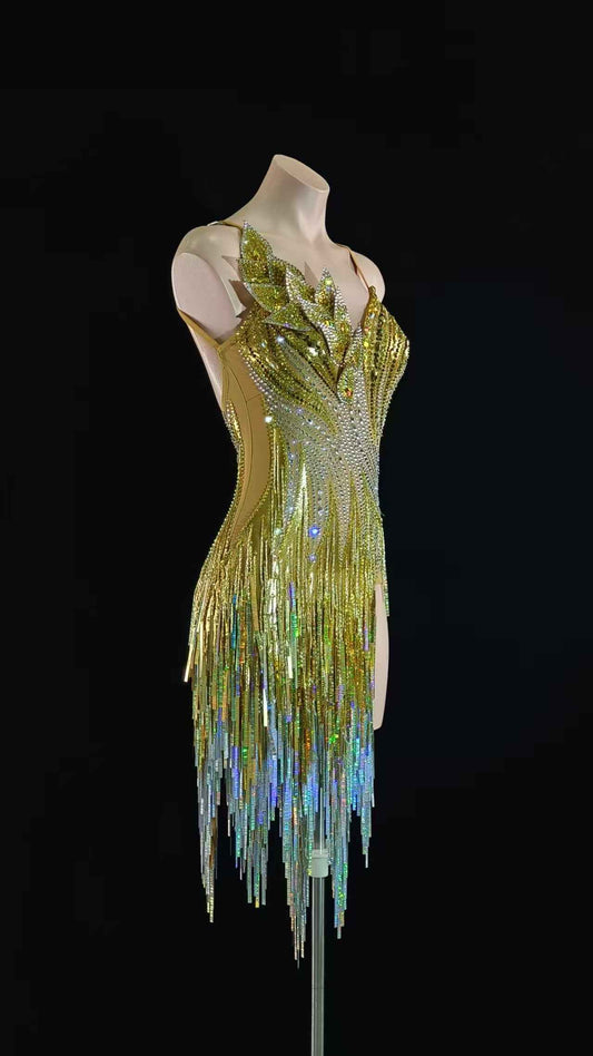 MINEJAS.L060 Gold AB Rhinestone Fringe Latin Dance Gown