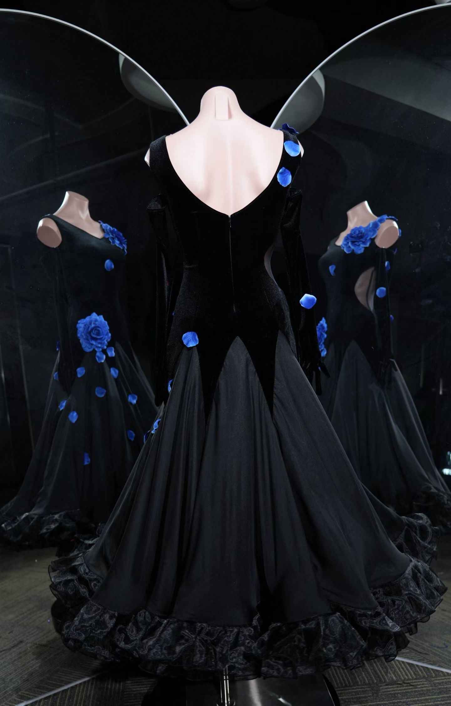 PEI.B013 Black Blue Rose Ballroom Performance Dress