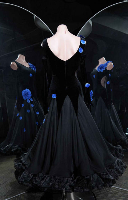 PEI.B013 Black Blue Rose Ballroom Performance Dress