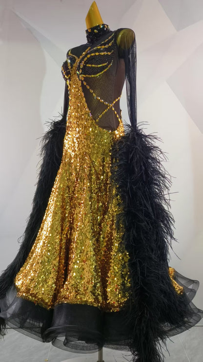 PERMINO.B038F Gold Sequin Black Feather Ballroom Competition Dance Dress for Women - Mine·Jas