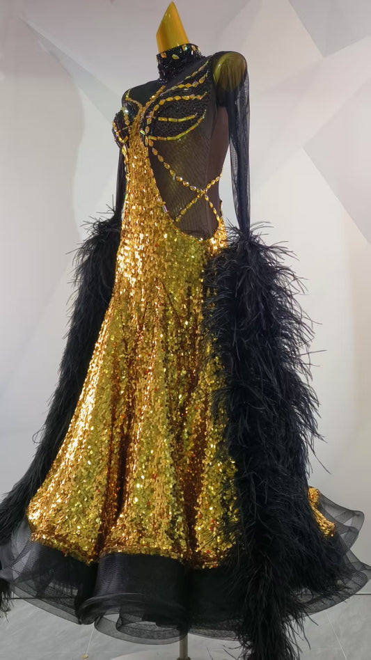 PERMINO.B038F Gold Sequin Black Feather Ballroom Competition Dance Dress for Women - Mine·Jas