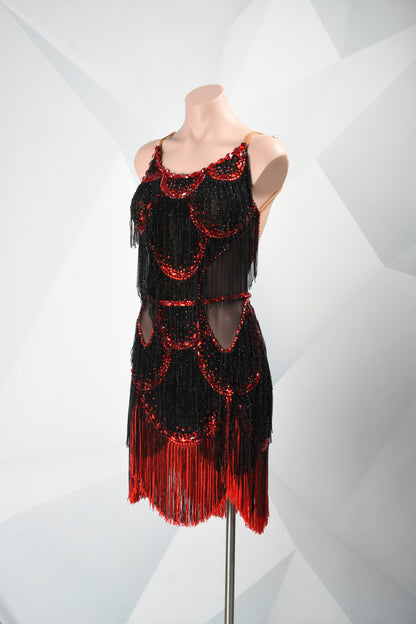 MINEJAS.F526 Black & Red Layered Fringe Latin Competition Dress - Mine·Jas