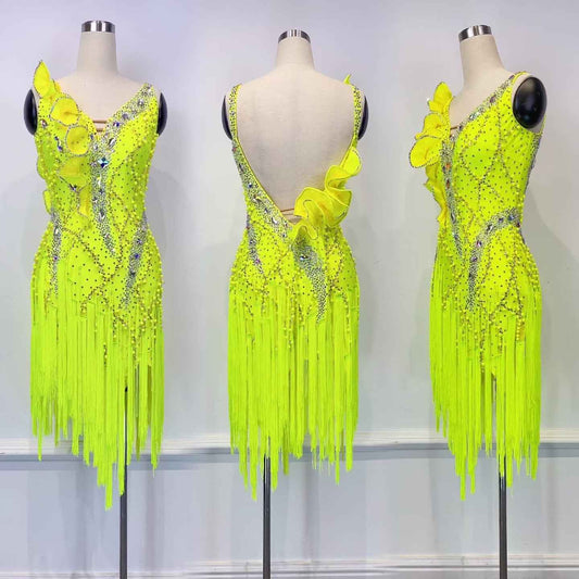 PEI.L001 Neon Yellow Fringe Latin Salsa Competition Dress