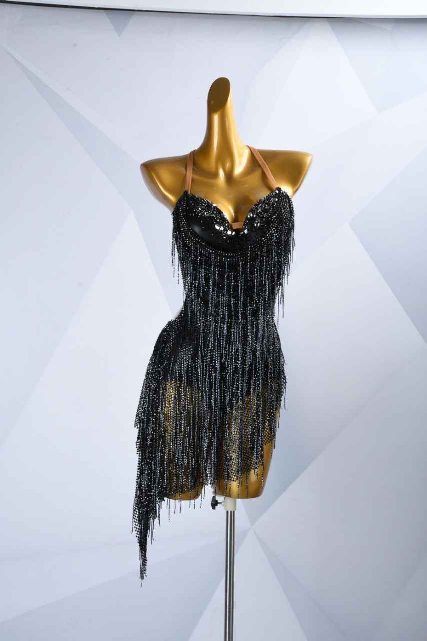 MINEJAS.L057 Black Rhinestone Fringe Latin Bachata Dance Dress